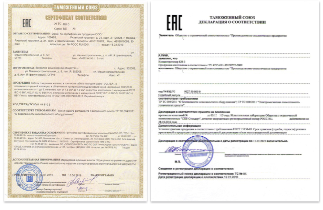 Сертификат соответствия Декларация соответствия