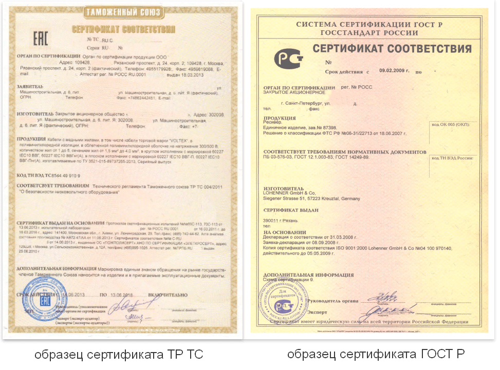 Образец сертификата ТР ТС и ГОСТ Р